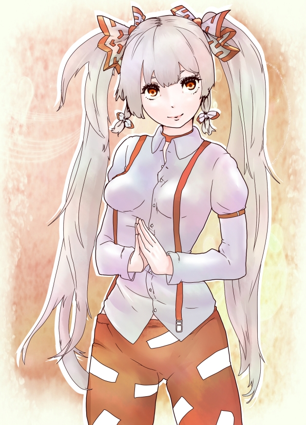 1girl, alternate_hairstyle, bow, breasts, collared_shirt, cowboy_shot, eyelashes, fujiwara_no_mokou