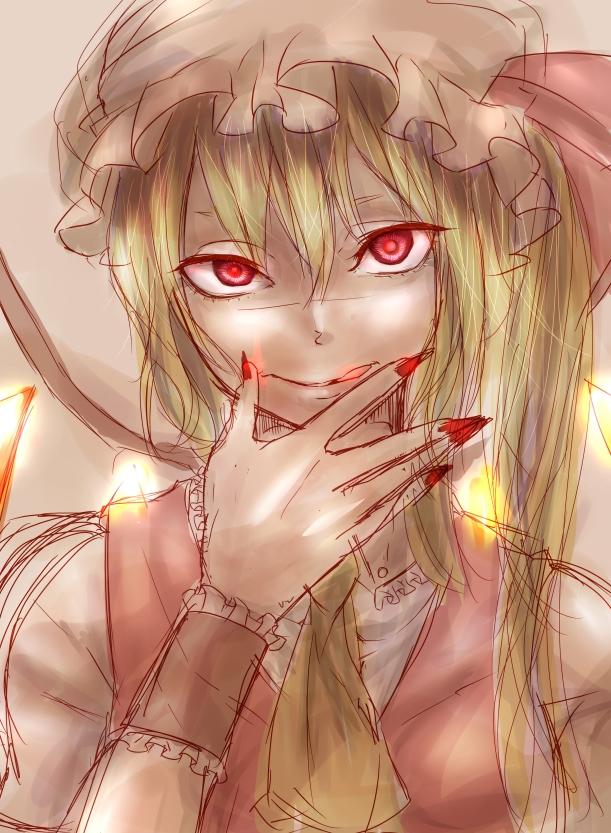 1girl, ascot, blonde_hair, blouse, bow, flandre_scarlet, hand_to_own_mouth, hat, hat_bow, long_hair, looking_at_viewer, mob_cap, portrait, red_eyes, side_ponytail, sketch, solo, somsom, tongue, tongue_out, touhou, vest, wings, wrist_cuffs