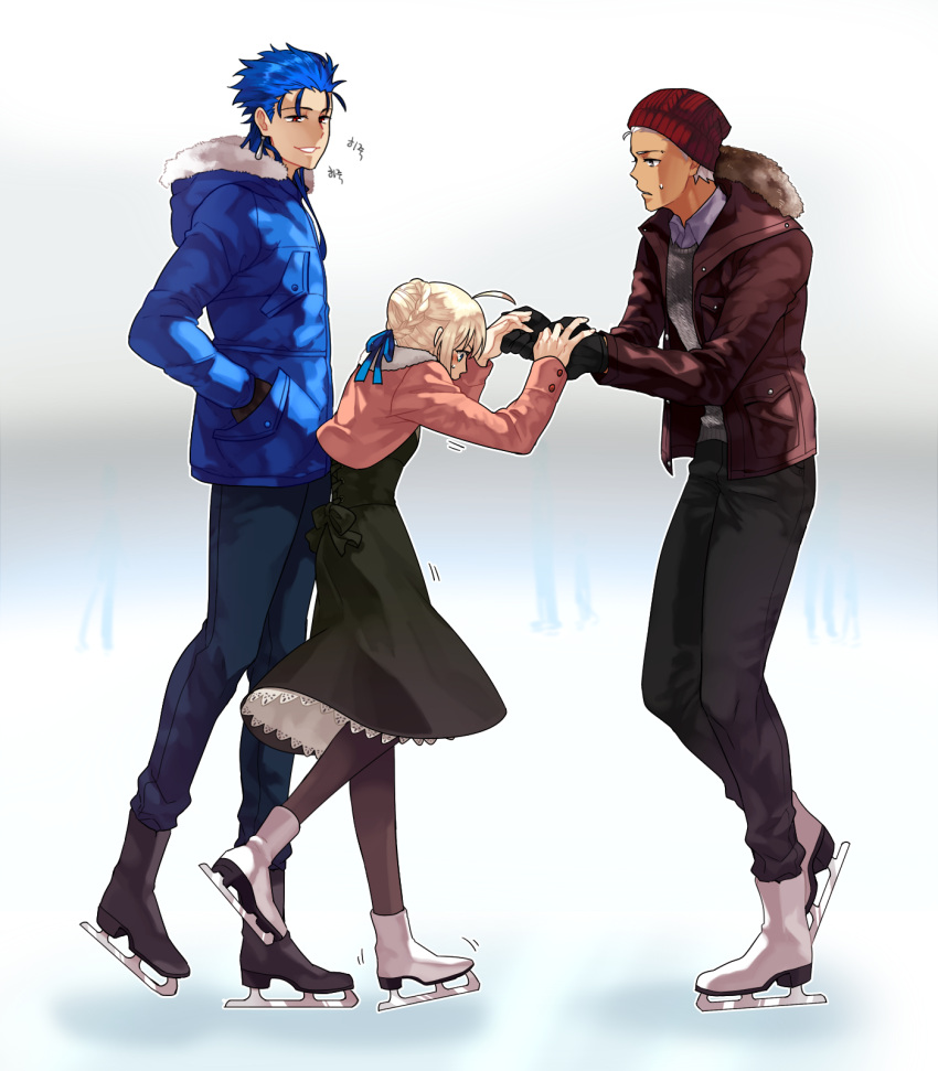 1girl, 2boys, archer, beanie, casual, coat, dress, fate/stay_night, fate_(series), hat, height_difference, highres, ice_skates, ice_skating, lancer, multiple_boys, saber, skates, skating, toridori_(csunhong1), winter_clothes