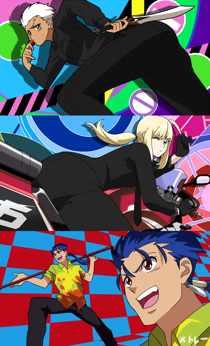 1girl, 2boys, archer, ass, cutie_honey, derivative_work, fate/hollow_ataraxia, fate_(series)