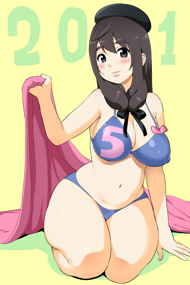 1girl, 2015, bare_shoulders, bikini, breasts, brown_eyes, brown_hair, eyebrows, large_breasts, long_hair, navel, ojisan_to_marshmallow, original, smile, solo, swimsuit, thick_thighs, thighs, toire_komoru, yellow_background