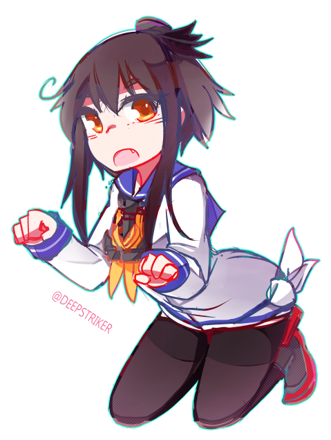 1girl, :o, animal_pose, aoyushi, black_hair, fang, kantai_collection, long_sleeves