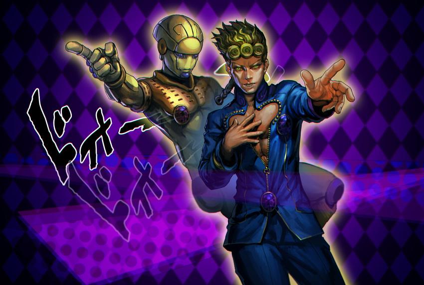 2boys, blonde_hair, giorno_giovanna, gold_experience, green_eyes, highres, jojo_no_kimyou_na_bouken, ladybug