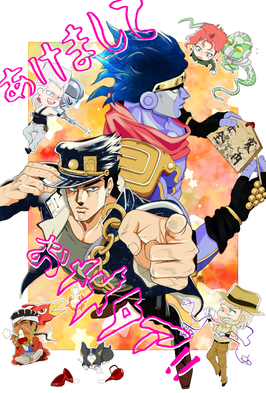6+boys, a-very-merry-unbirthday-to-you, blue_hair, chibi, ema, fire, happy_new_year, hermit_purple, hierophant_green, highres, iggy, jean_pierre_polnareff, jojo_no_kimyou_na_bouken, joseph_joestar, kakyouin_noriaki, kuujou_joutarou, magician's_red, mohammed_avdol, multiple_boys, new_year, pointing, silver_chariot, stand_(jojo), star_platinum, translated