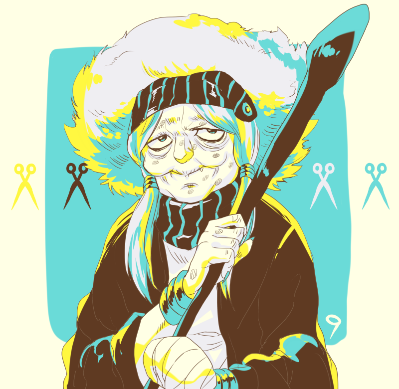 1girl, enya_geil, headband, jojo_no_kimyou_na_bouken, kamu_(simp3), limited_palette, old_woman, scissors