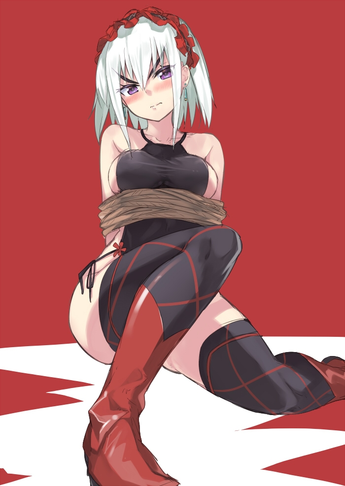 1girl, angry, arms_behind_back, bdsm, blush, bondage, boots, breasts, chaika_bogdan, earrings, hairband, halterneck, head_tilt, hitsugi_no_chaika, jewelry, lolita_hairband, red_background, regu, rope, short_hair, sideboob, silver_hair, sitting, solo, swimsuit, thigh-highs, tied_up, violet_eyes