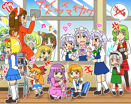 >_<, 6+girls, =3, alice_margatroid, azusa_(cookie), backpack, bag, benikurage