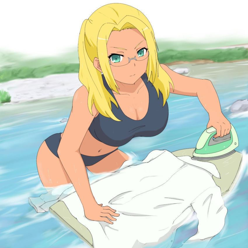 1girl, amagi_brilliant_park, ashe_(amaburi), bikini, blonde_hair, glasses, green_eyes, highres