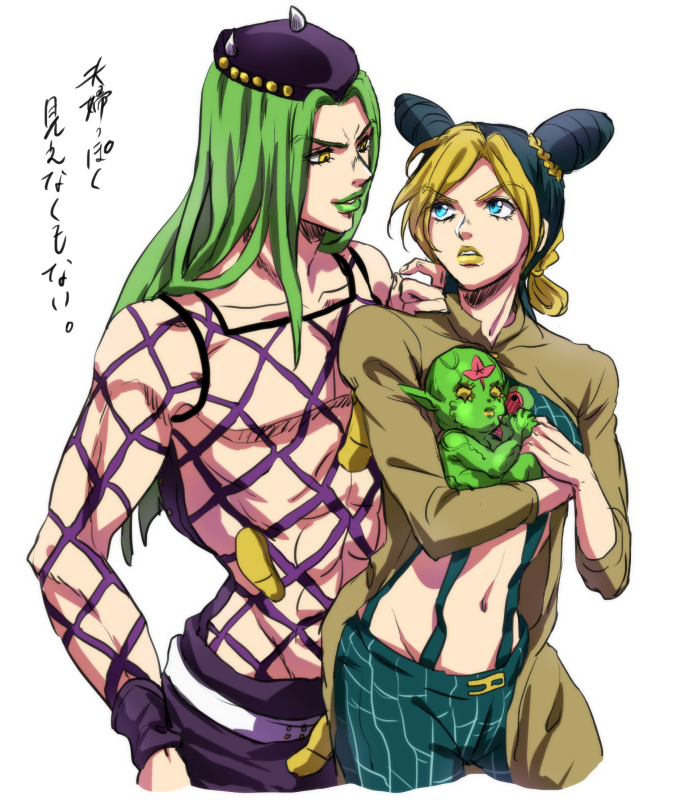 1girl, 2boys, black_hair, blonde_hair, blue_eyes, green_baby_(jojo), green_hair, hat