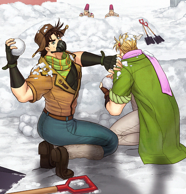 astkcrts, bomber_hat, brown_hair, caesar_anthonio_zeppeli, denim, hat, jacket, jeans, jojo_no_kimyou_na_bouken, joseph_joestar_(young), leg_warmers, loggins_(jojo), long_coat, mask, messina_(jojo), pants, scarf, snow, snowball, snowball_fight