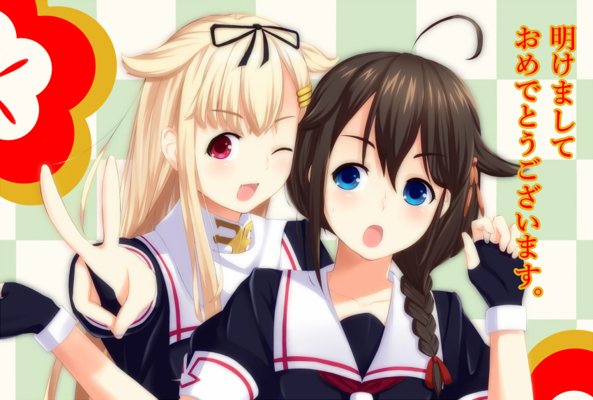 2girls, :o, ahoge, black_gloves, black_serafuku, blonde_hair, blue_eyes, braid