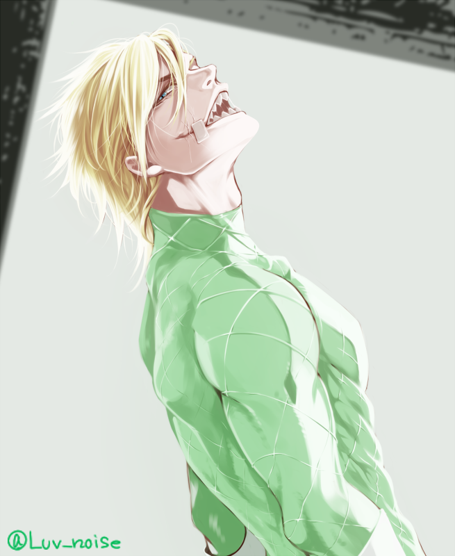 1boy, bandage_on_face, blonde_hair, blue_eyes, diego_brando, fangs, hat, jojo_no_kimyou_na_bouken