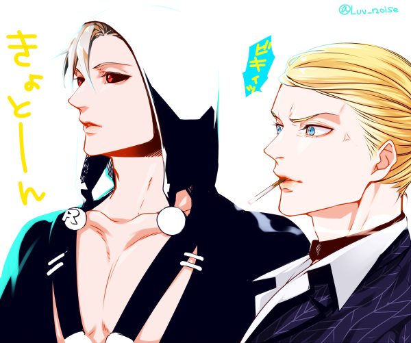 2boys, anger_vein, belt, black_sclera, blonde_hair, blue_eyes, cigarette, glowing