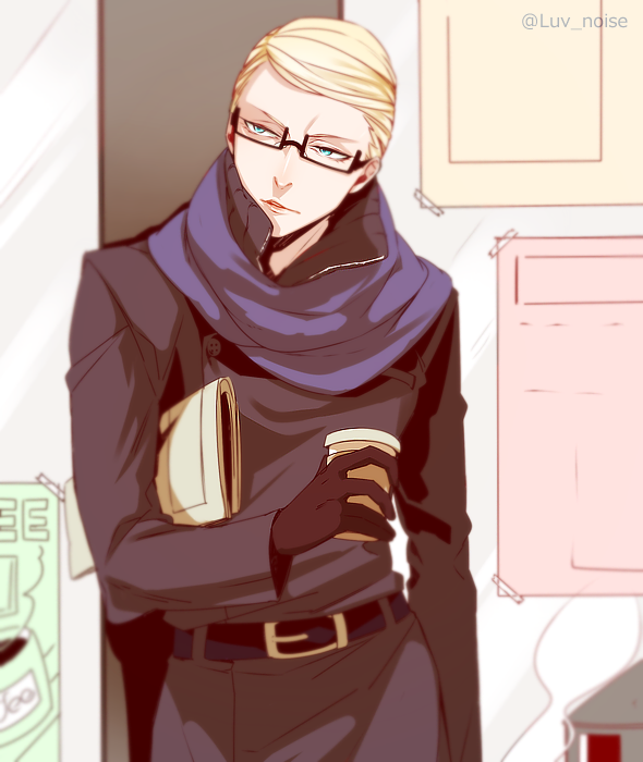 1boy, bespectacled, blonde_hair, blue_eyes, coat, drink, glasses, gloves
