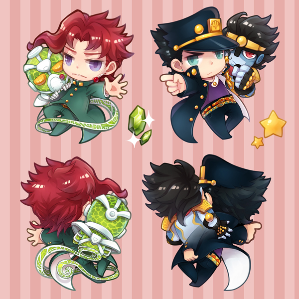 black_hair, dual_persona, emeralds, from_behind, gakuran, hierophant_green, jojo_no_kimyou_na_bouken, kaguya_ame, kakyouin_noriaki, kuujou_joutarou, redhead, school_uniform, stand_(jojo), star, star_platinum