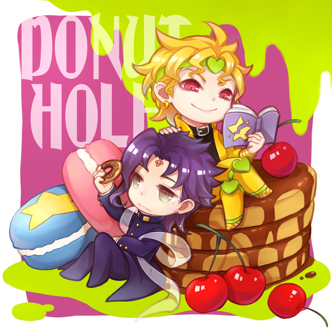 2boys, blonde_hair, book, cherry, chibi, dio_brando, flesh_bud, food