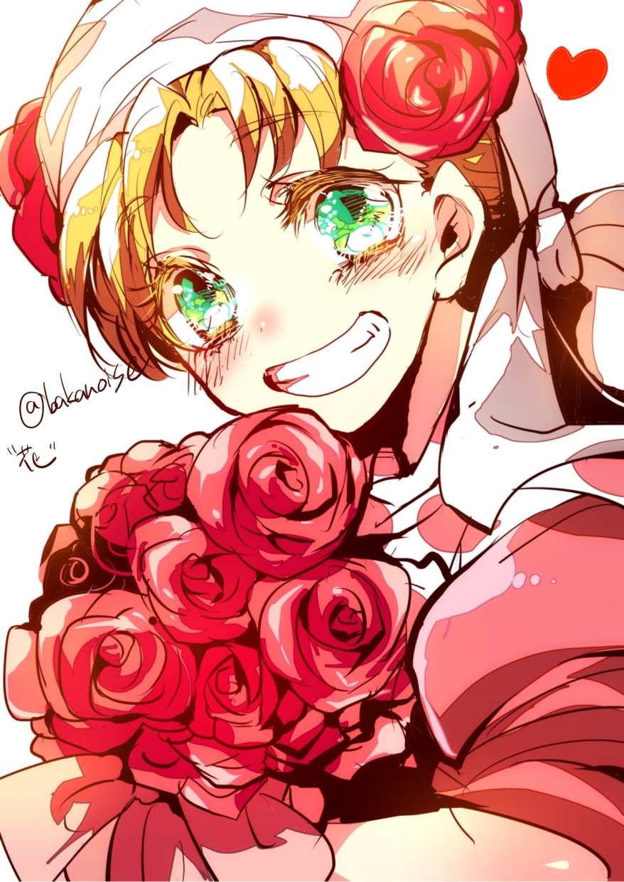 1girl, blonde_hair, blue_eyes, bouquet, flower, green_eyes, highres, jojo_no_kimyou_na_bouken