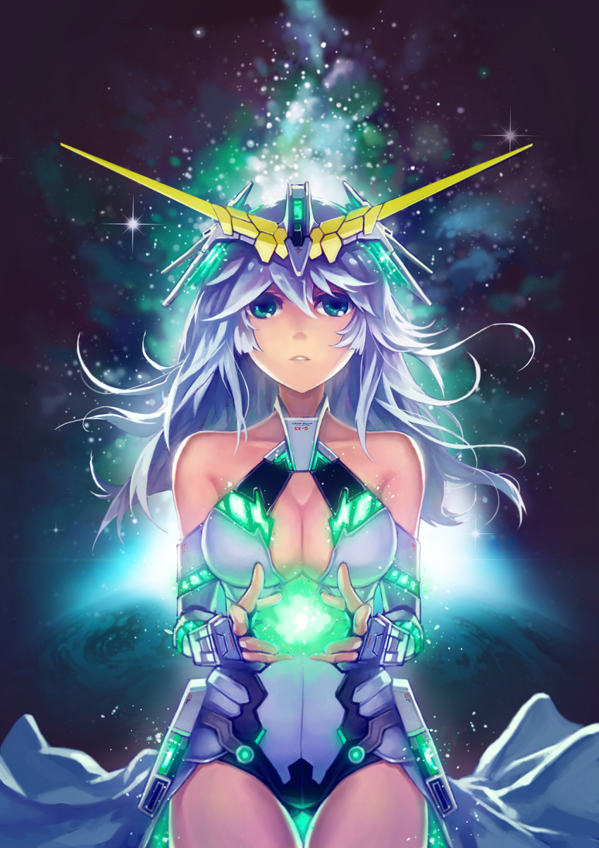 1girl, breasts, cleavage, cleavage_cutout, felix_(felix901123), green_eyes, gundam, gundam_unicorn