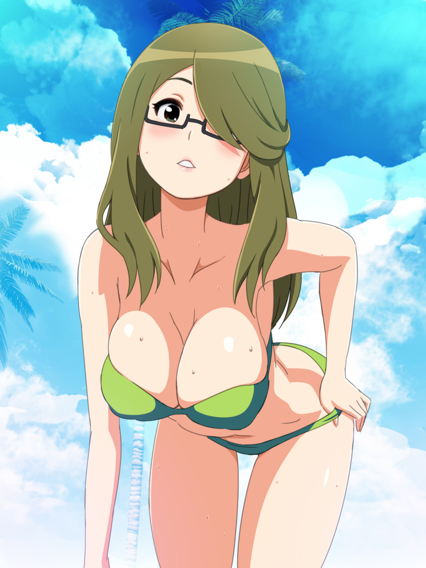 1girl, adjusting_clothes, adjusting_swimsuit, artist_request, bent_over, bikini, breasts, brown_eyes