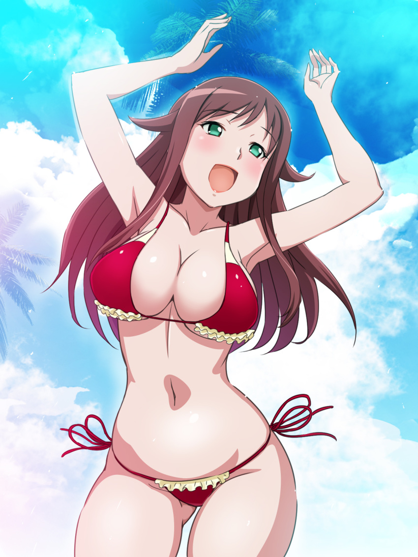 1girl, akana_rui, arms_up, artist_request, bikini, blush, breasts, brown_hair