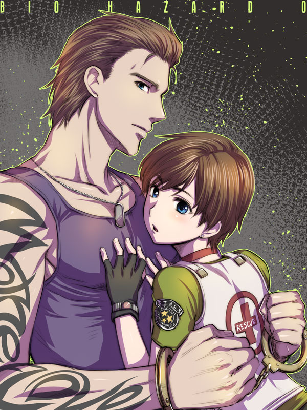 1boy, 1girl, billy_coen, blue_eyes, brown_hair, cuffs, fingerless_gloves, gloves