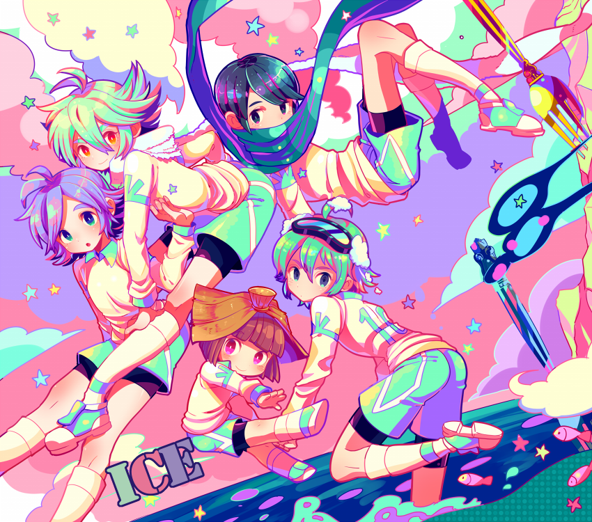 1girl, 4boys, ahoge, aqua_hair, araya_konko, blue_eyes, blush, brothers