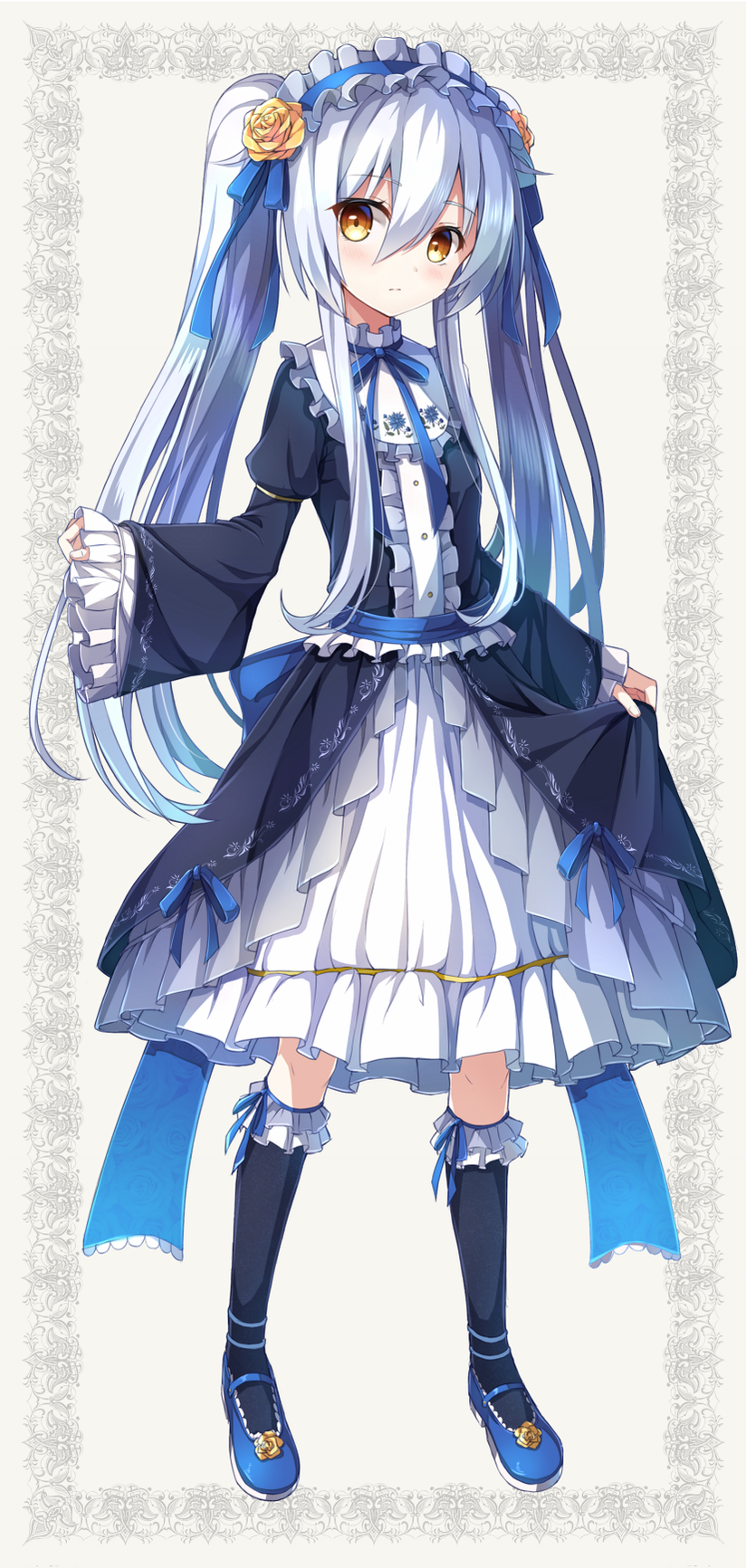 1girl, black_legwear, blush, bobby_socks, dress, frills, full_body, hairband, highres, long_hair, looking_at_viewer, nikkunemu, original, sleeves_past_wrists, socks, solo, standing, very_long_hair, white_hair, yellow_eyes