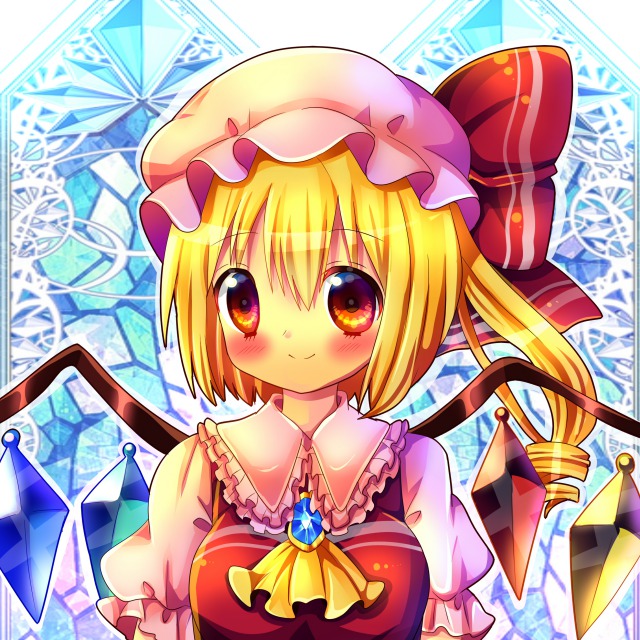1girl, ascot, blonde_hair, chocolat_(momoiro_piano), close-up, drill_hair, flandre_scarlet, looking_at_viewer