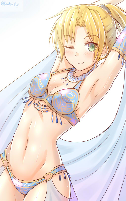 1girl, alternate_costume, arabian_clothes, armpits, bangs, blonde_hair, blush, bra