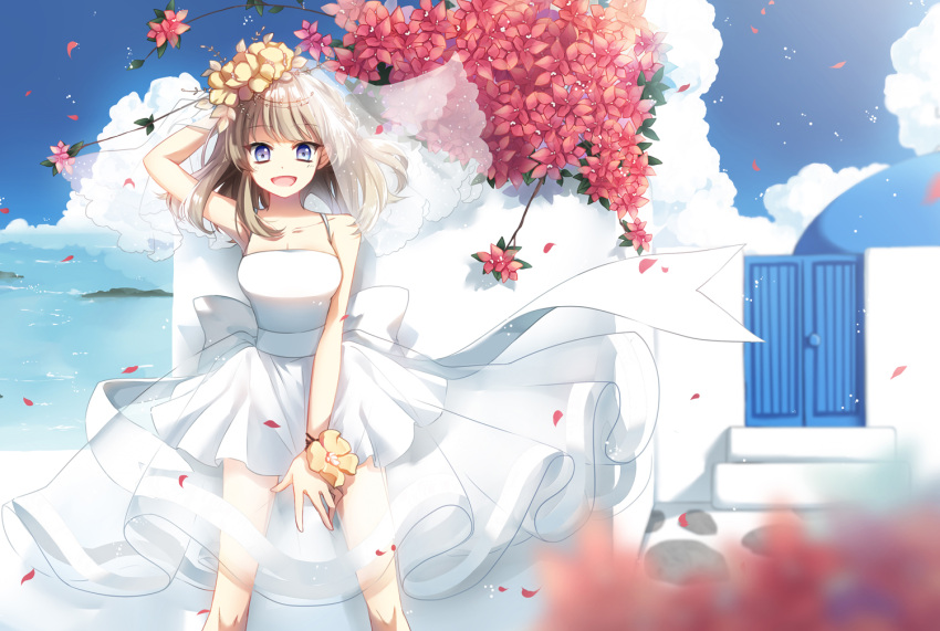 1girl, :d, blue_eyes, blurry, brown_hair, ceru, depth_of_field, dress
