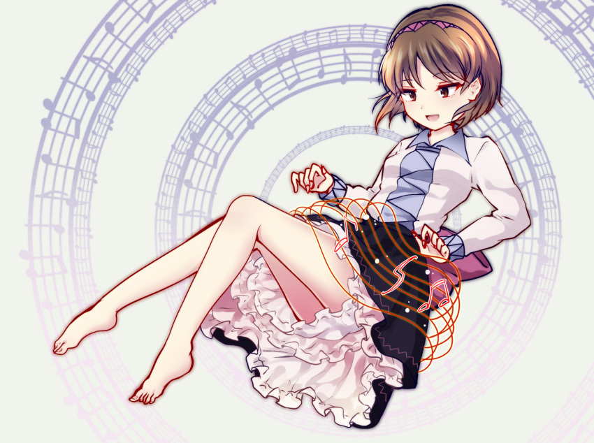 1girl, barefoot, brown_eyes, brown_hair, hairband, instrument, koto_(instrument), legs