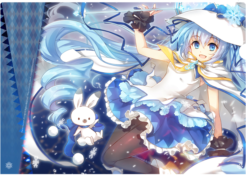 1girl, :d, black_legwear, blue_eyes, blue_hair, ceru, hat, hatsune_miku, long_hair, looking_at_viewer, magical_girl, open_mouth, pantyhose, rabbit, smile, solo, twintails, vocaloid, watermark, web_address, witch_hat, wrist_cuffs, yuki_miku
