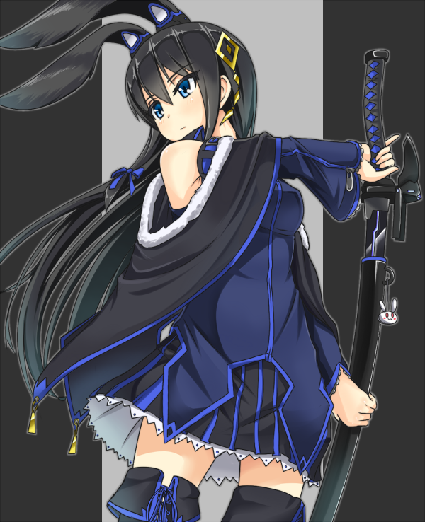 1girl, animal_ears, black_hair, blue_eyes, detached_sleeves, hair_ornament, holding, long_hair