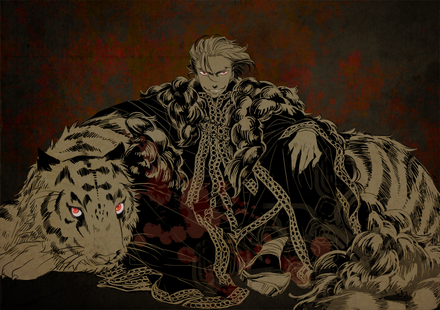 1boy, 860, al-kaplan_balaban, fur_trim, grin, red_eyes, short_hair, shoukoku_no_altair, smile, spot_color, tiger