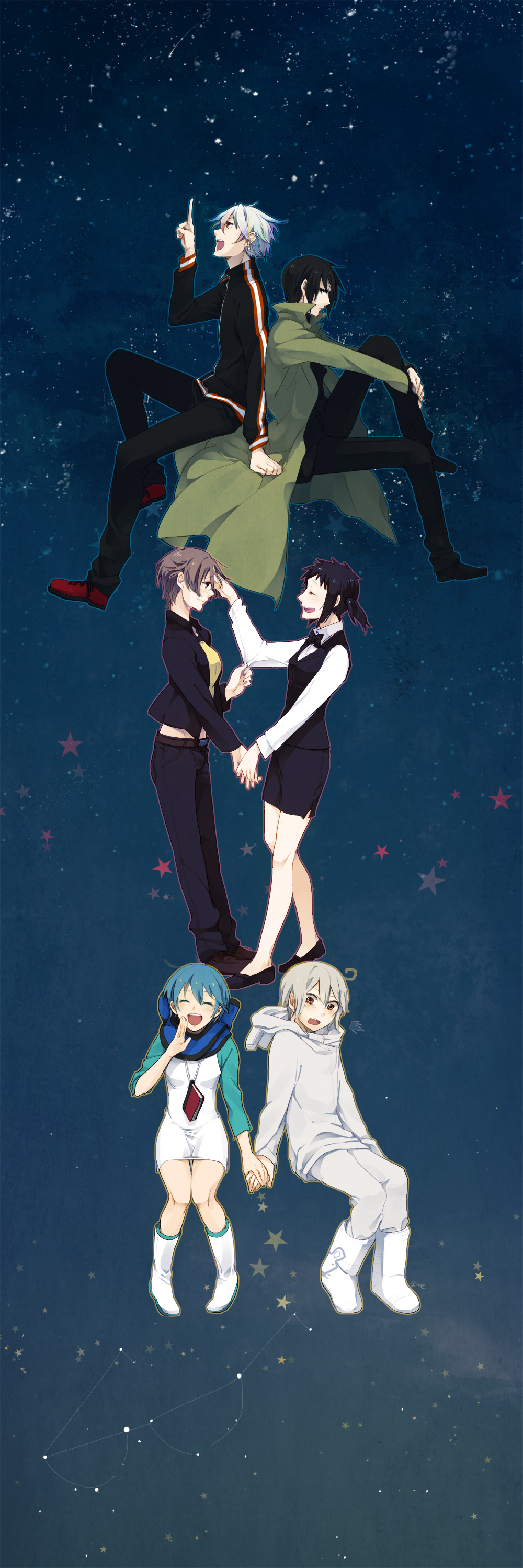 6+boys, 6+girls, absurdres, black_hair, blue_hair, brown_hair, closed_eyes, coat
