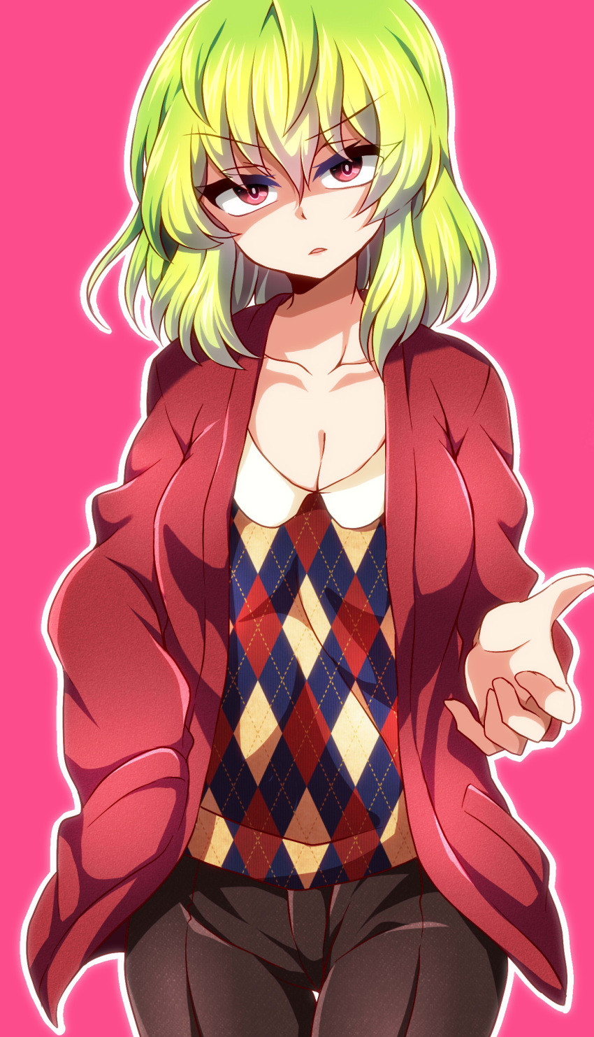 1girl, absurdres, breasts, cleavage, green_hair, hand_in_pocket, highres, looking_at_viewer
