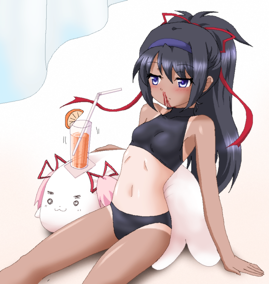 1girl, akemi_homura, animalization, bikini, black_hair, blood, drink, gomadoka