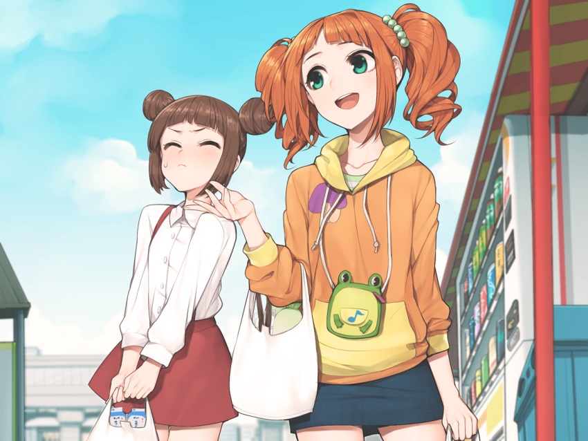 bag, brown_hair, closed_eyes, clouds, double_bun, green_eyes, hitoto, hoodie