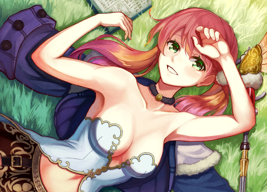 1girl, armpits, atelier_(series), atelier_escha_&amp;_logy, bare_shoulders, book, breasts, choker, clothes_removed, collarbone, escha_malier, grass, green_eyes, highres, lying, pink_hair, rei_x_mako, short_hair, smile, solo, twintails, wand
