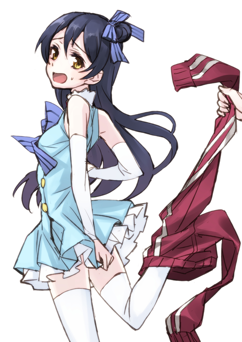 1girl, bad_id, bare_shoulders, black_hair, covering, covering_ass, dress, gloves