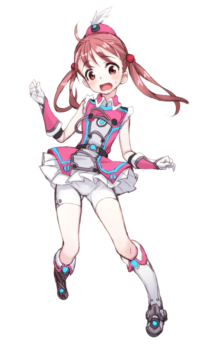 1girl, ahoge, bad_id, bike_shorts, boots, dress, gloves, hair_bobbles, hair_ornament, hat, hat_feather, highres, isshiki_momo, knee_boots, matsuryuu, open_mouth, palette_suit, simple_background, solo, sweatdrop, twintails, vividred_operation, white_background