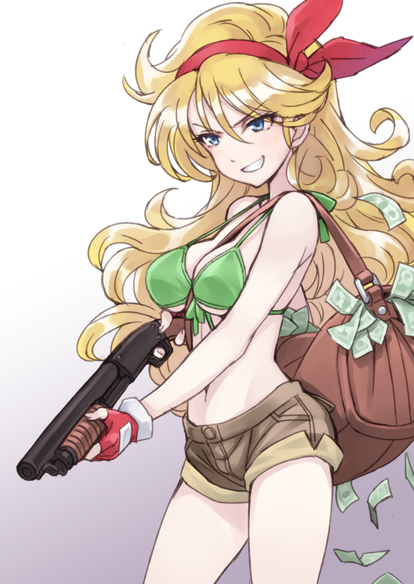 1girl, bad_id, bag, bikini_top, blonde_hair, blue_eyes, breasts, cleavage