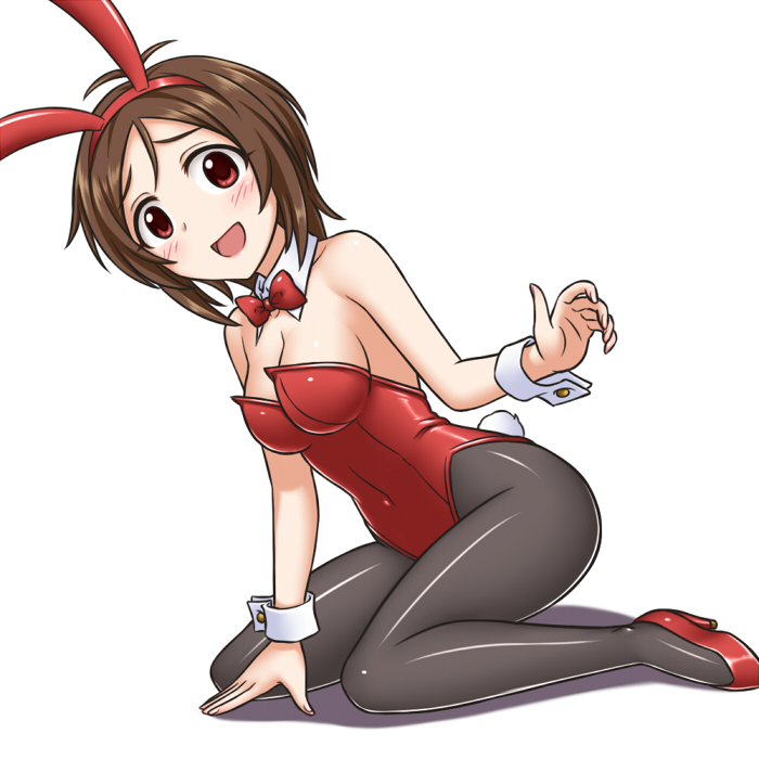 1girl, animal_ears, bowtie, brown_hair, bunny_tail, bunnysuit, detached_collar, doumyouji_karin