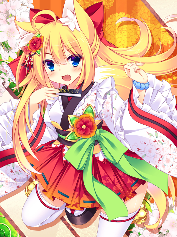 1girl, animal_ears, blonde_hair, blue_eyes, fox_ears, fox_tail, japanese_clothes, long_hair