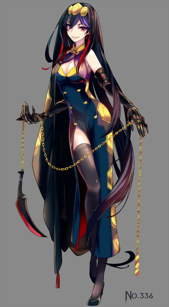 1girl, bare_shoulders, black_hair, breasts, chain, cleavage, elbow_gloves, gloves