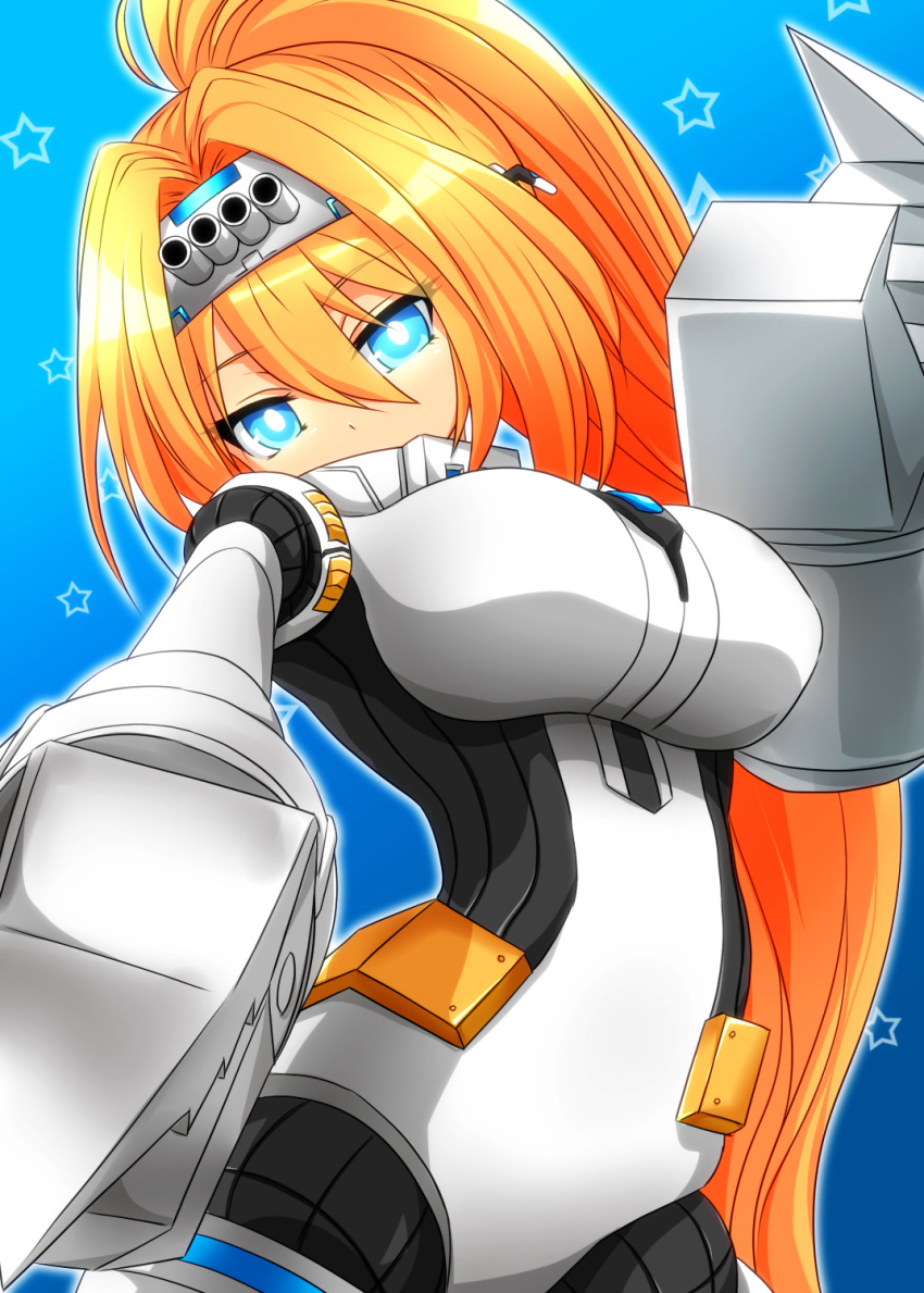 1girl, blonde_hair, blue_background, blue_eyes, breasts, cowboy_shot, female, headband