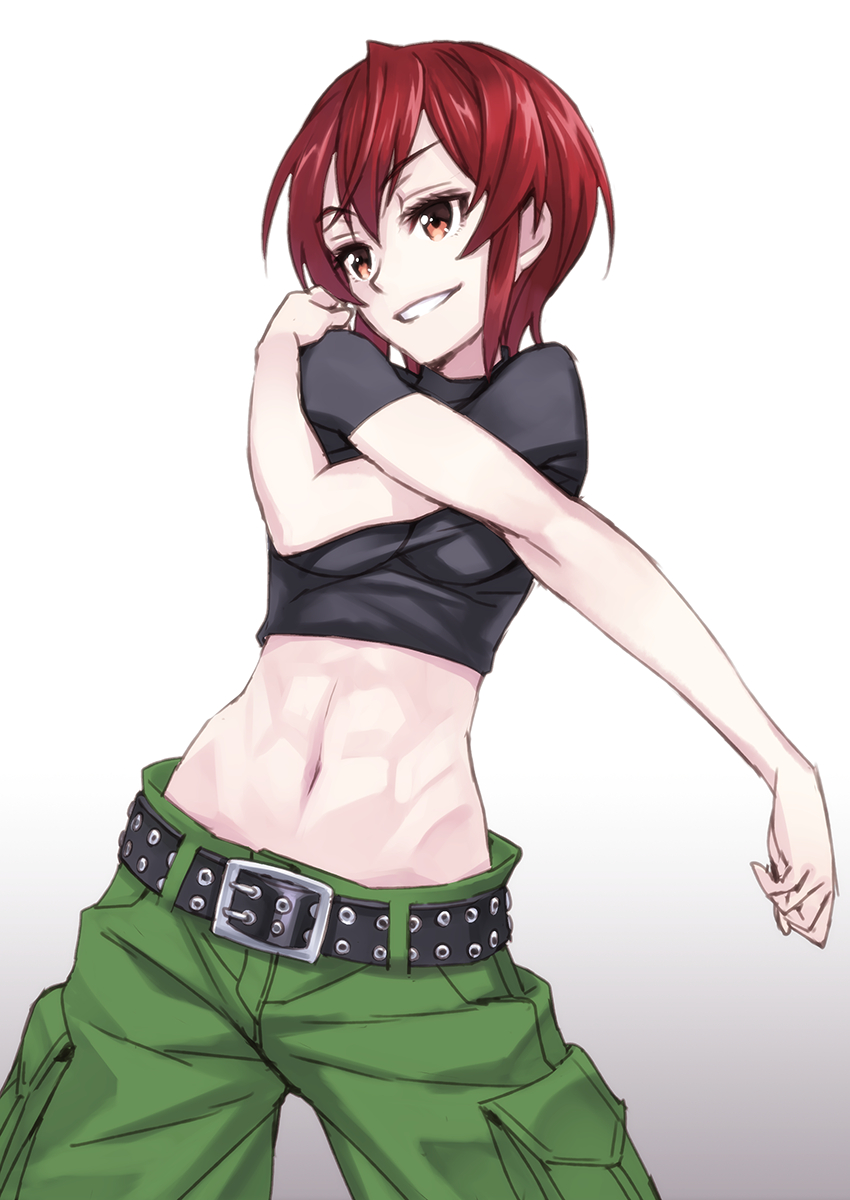1girl, abs, bad_id, belt, brown_eyes, highres, kaibutsu_oujo, matsuryuu