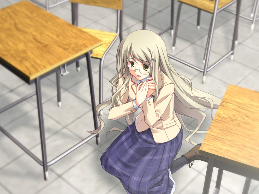 boots, chaos;head, glasses, kusonoki_yua, phone, school_uniform, seifuku, socks, very_long_hair