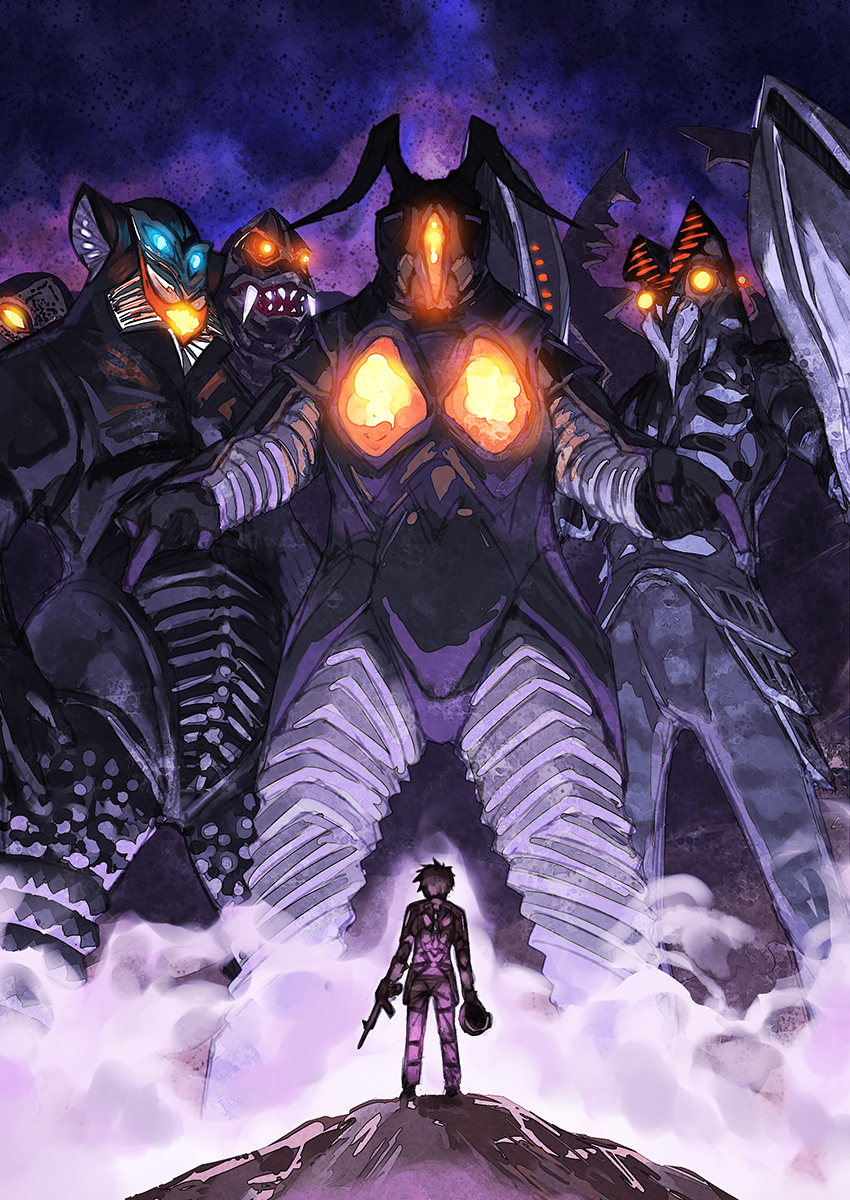 1boy, antlar, baltan_seijin, bodysuit, chikyuu_boueigun, dada_(ultra_series), highres, matsuryuu, mephilas_seijin, red_king_(ultra_series), ultra_series, ultraman_(1st_series), zetton