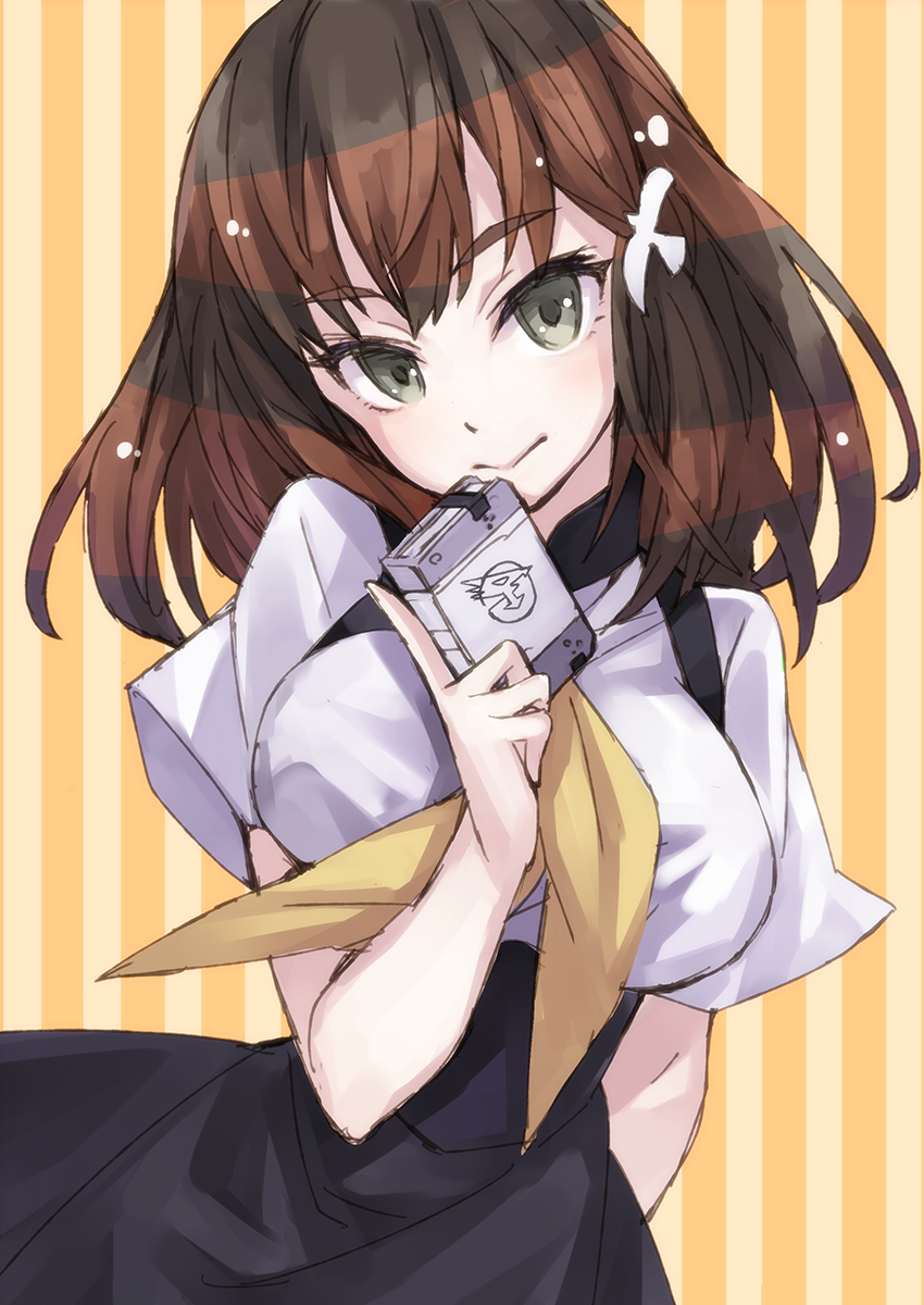 1girl, :>, bad_id, book, breasts, brown_hair, female, gatchaman_crowds